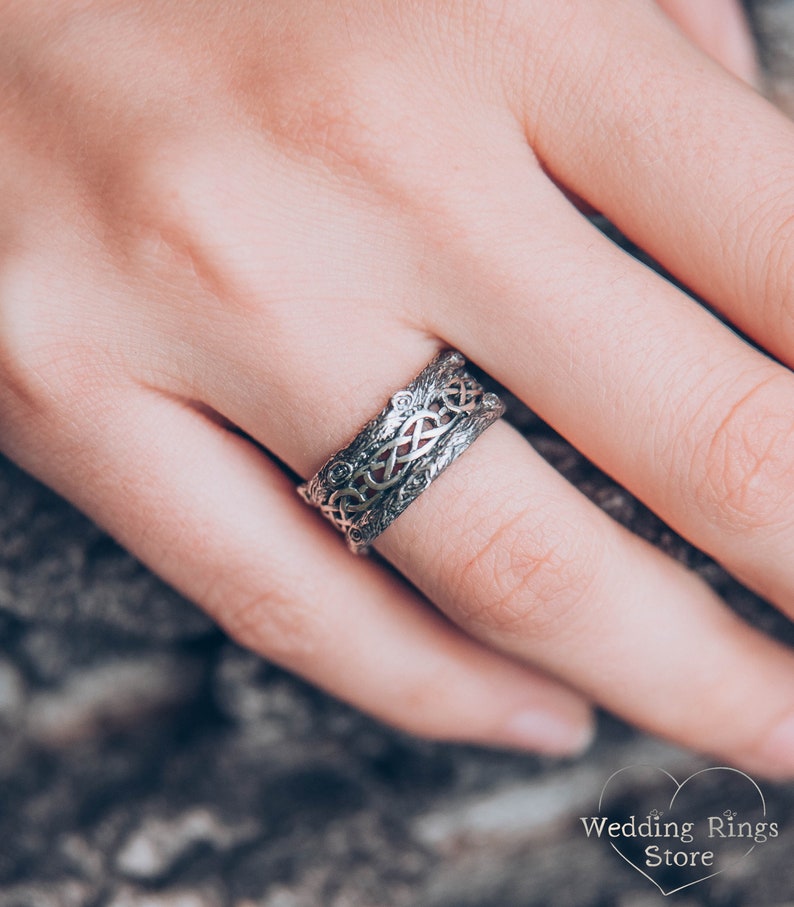 Unique silver tree band with celtic pattern, Tree silver wedding band, Celtic wedding ring with tree bark, Wide silver ring, Unusual band image 7