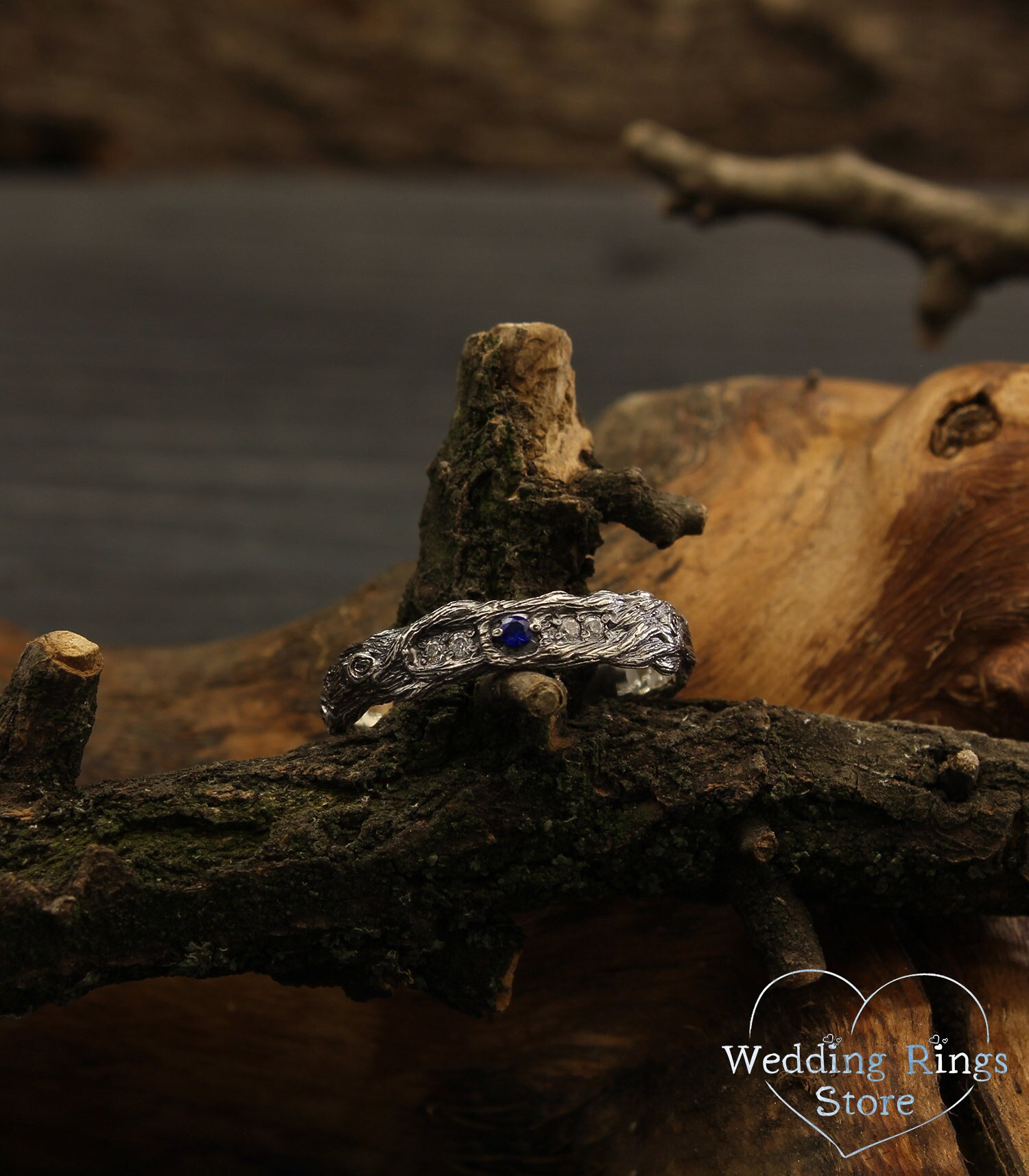 Dainty Blue Sapphire Nature Wedding Band with Diamonds in Solid White Gold Forest Tree Bark Ring for Women Custom Small Blue Gemstone