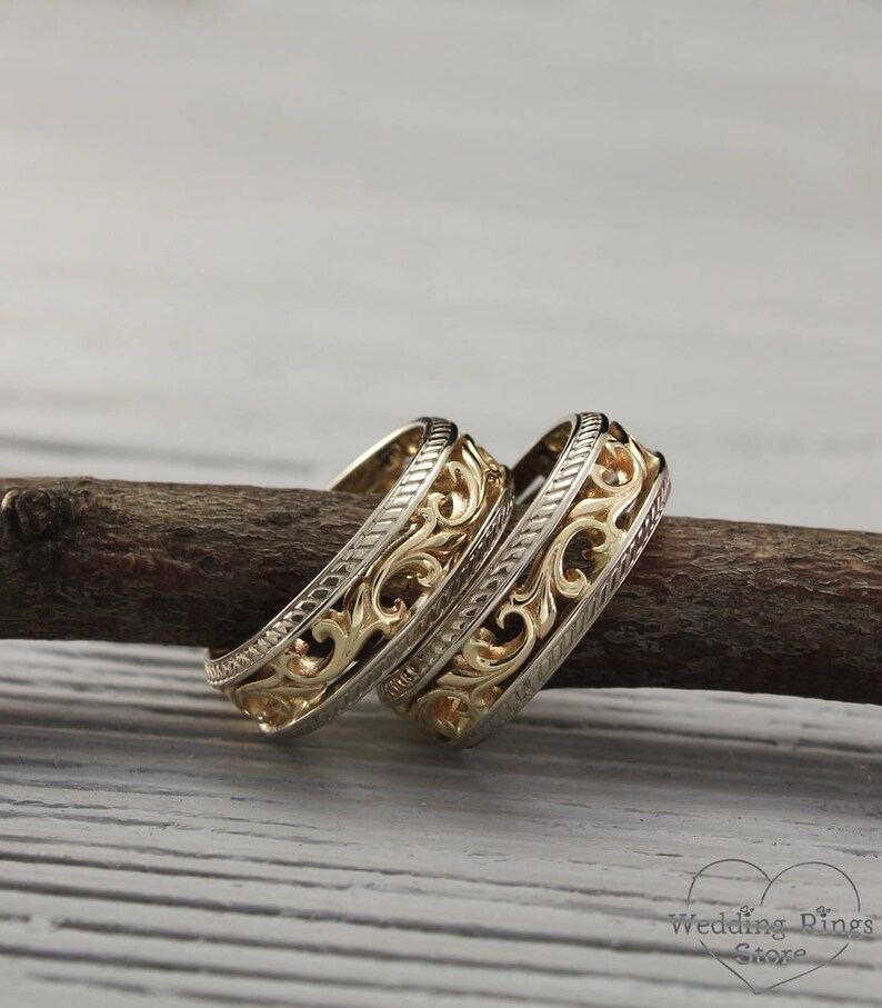 Mixed metals his and her vintage style wedding bands set Etsy