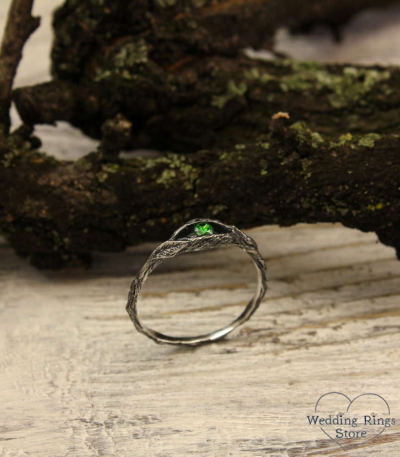 Tiny branch engagement ring with emerald, Small twig and leaves ring, Branch emerald ring, Dainty engagement ring, Emerald engagement ring 