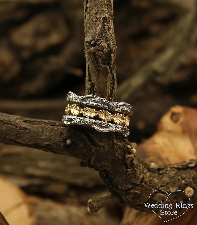 Oak Leaves and Branch Wedding Band Unique Tree Bark Band 14k Etsy