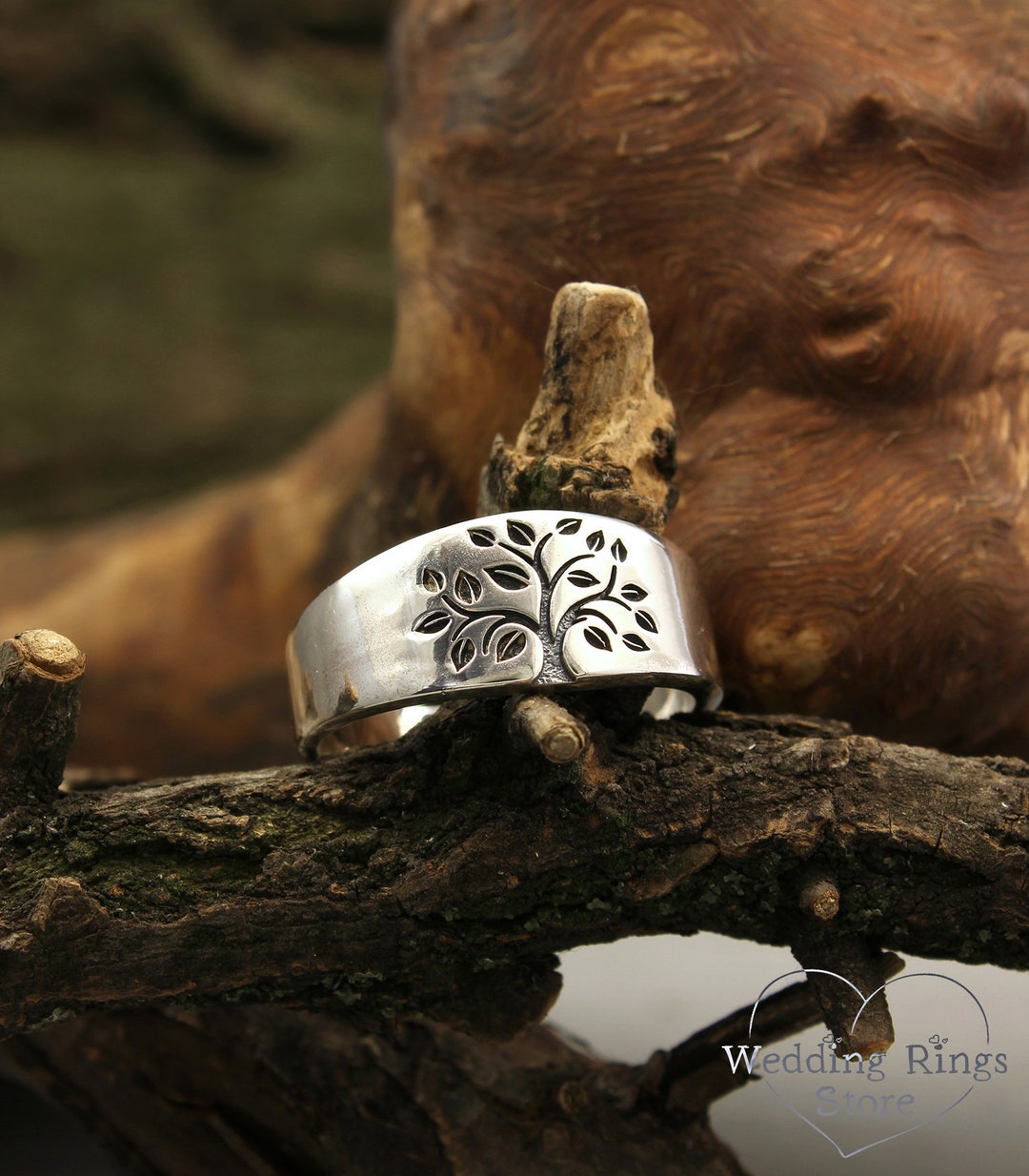 Family Tree Wedding Band, Tree of Life Silver Wedding Band, Nature