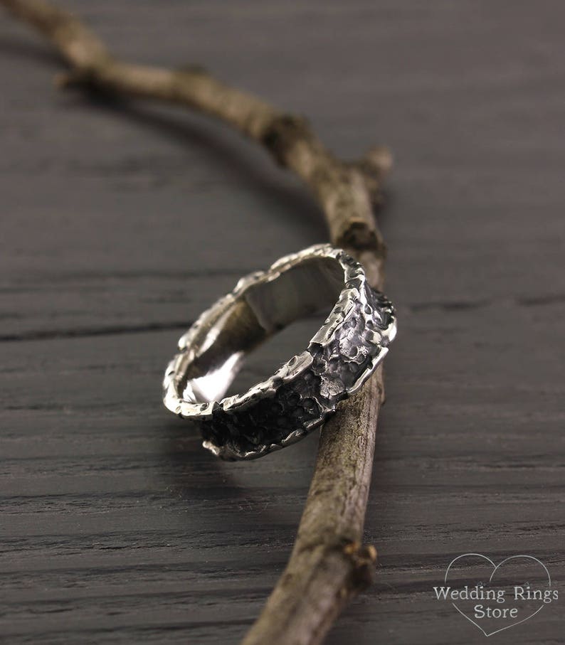 Custom wedding band Unusual womens ring Unique silver band Lava ring Large silver ring Volcanic ring Unique mens band Exclusive ring