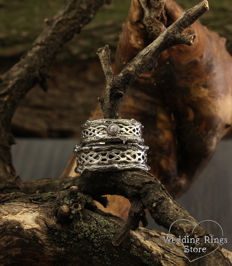 Tree bark His and Her celtic bands set, Tree celtic rings set, Couple celtic bands, Silver bands, Matching wedding rings, Unique rings set 