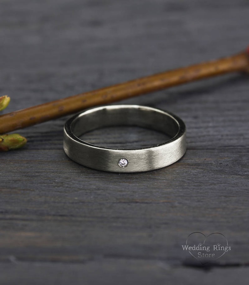 Silver engagement ring Diamond wedding band 4mm flat silver wedding band Sterling silver ring Plain ring Diamond simple ring