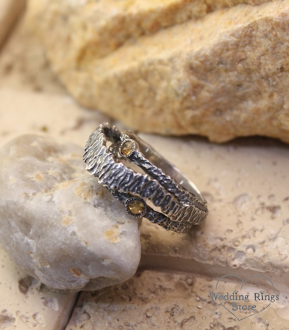 Unusual rock and tree bark silver ring with citrine, Citrine hammered ring in sterling silver, Womens large silver ring, Gift for girlfriend
