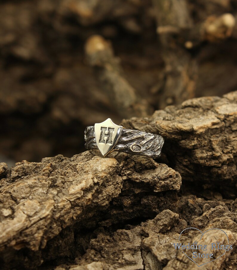 Unique Men's Initial Ring With Shield Engraving Wedding Etsy