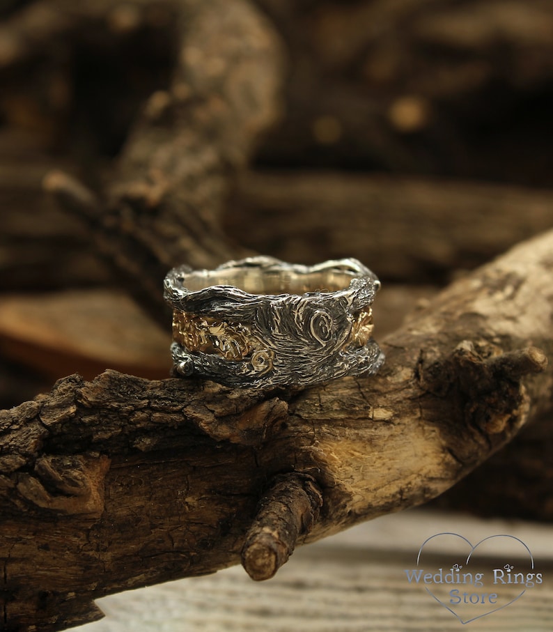 Oak Leaves and Branch Wedding Band Unique Tree Bark Band 14k Etsy