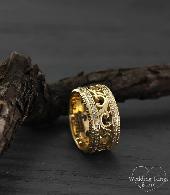 Elegant filigree tree with leaves wedding band for her,Wide dainty gold wedding band Unique 14k solid white gold womens branch wedding band