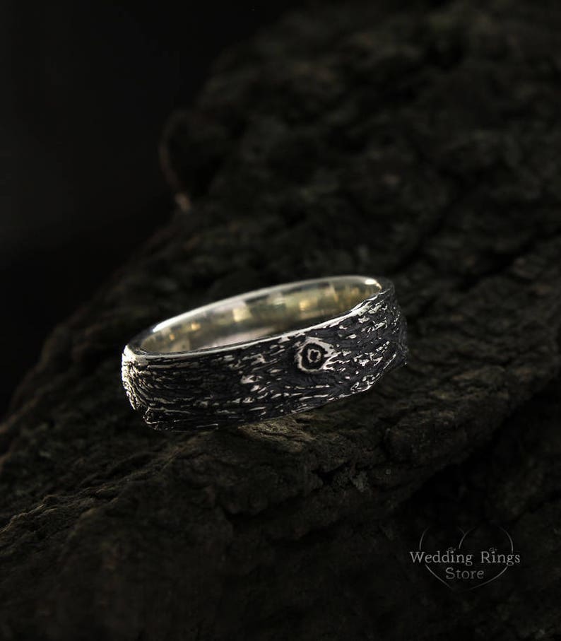 Tree bark wedding band, Rustic wedding ring, Family tree wedding ring, Nature silver ring, Large wedding band, Men's band, Women ring image 5