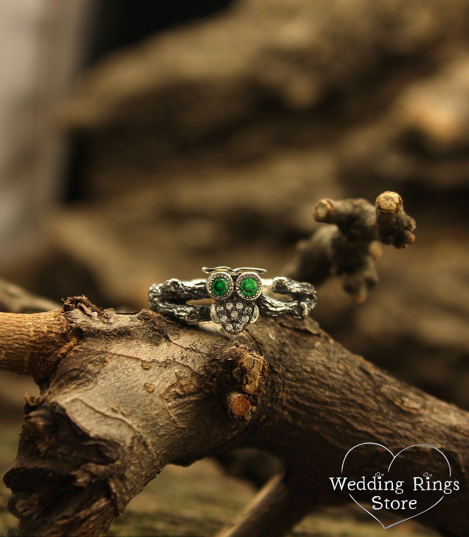 Owl on a branch engagement ring with emerald and diamond, Wild forest engagement ring, Women's e