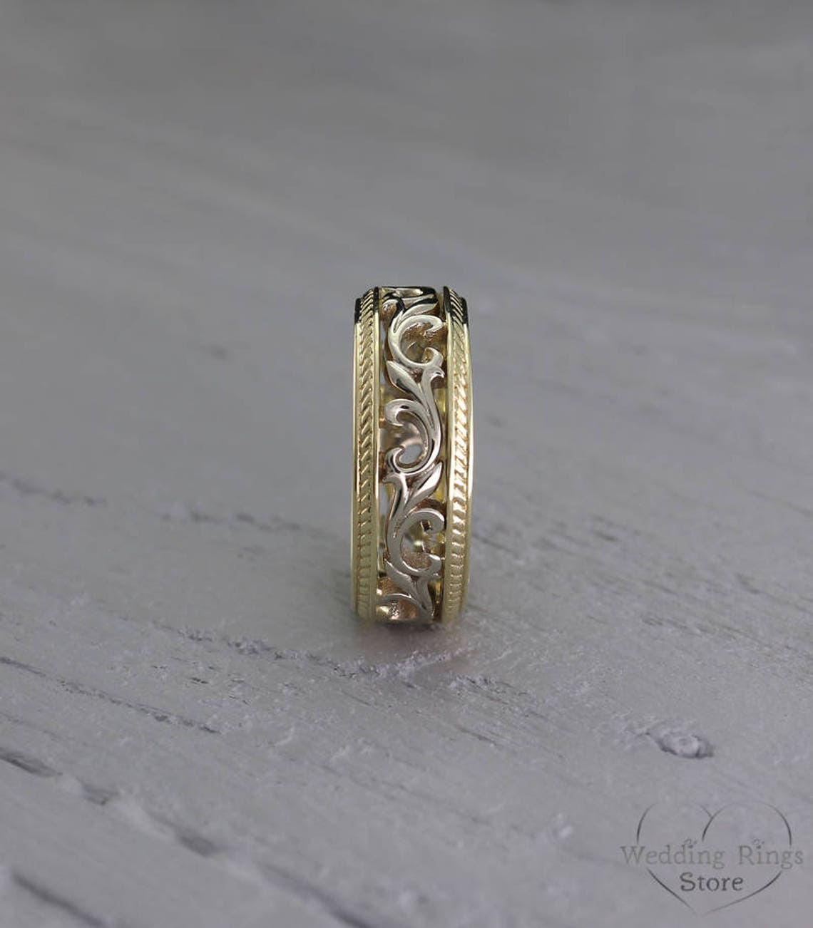 Vintage style vine wedding band Two tone gold vine ring Etsy
