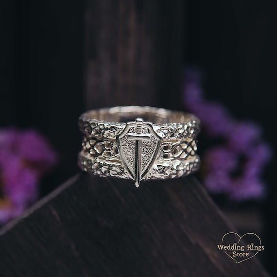 Mens Statement Sword Ring - Brutalist Cross Shield Ring Durable Silver - Wide Knight Ring for Him - Silver Dagger Ring - Gift for Yourself