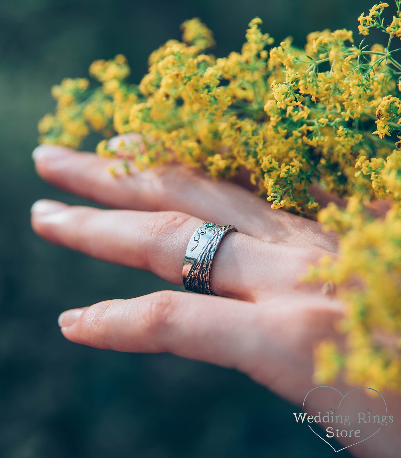 Family Tree Wedding Band With Emerald Wild Tree Ring Unique Etsy