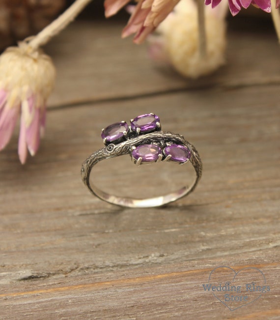 Wood Ring With Natural Amethyst Minimalist Gemstone Ring Thin