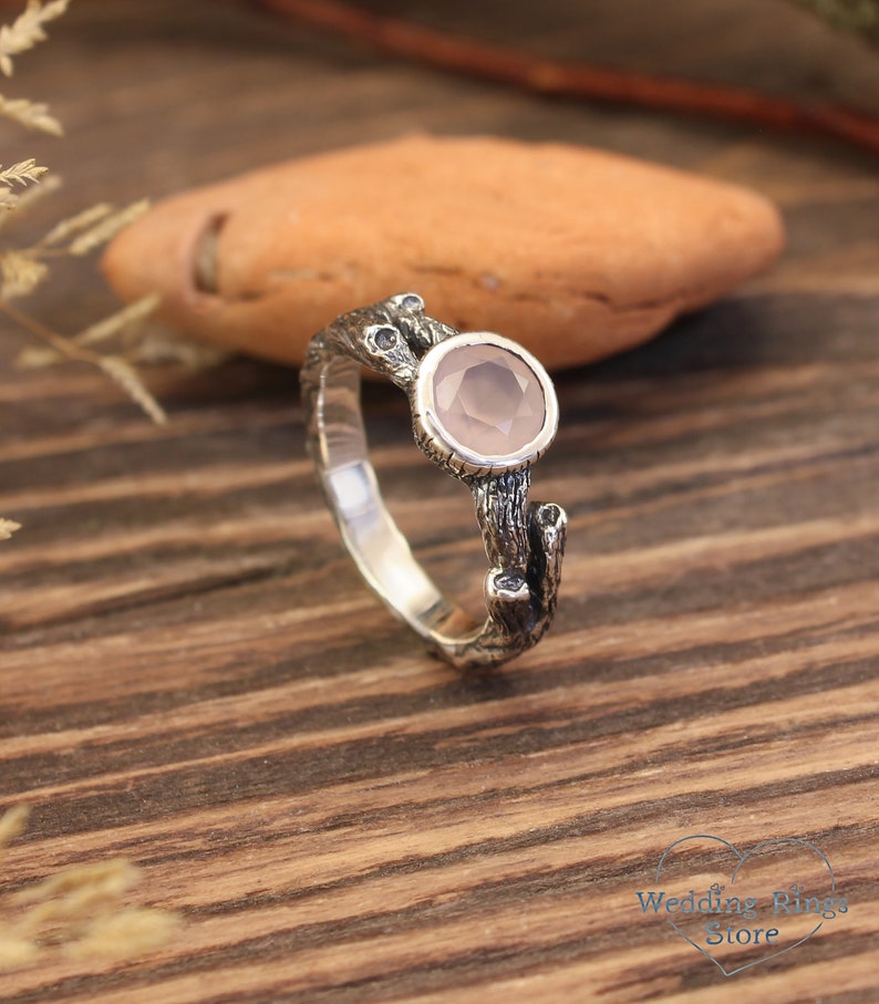 Silver Branch & Dainty Rose Quartz Ring Unique Nature Engagement Ring Nontraditional Wedding ring for Women Christmas Gift Girlfriend image 1