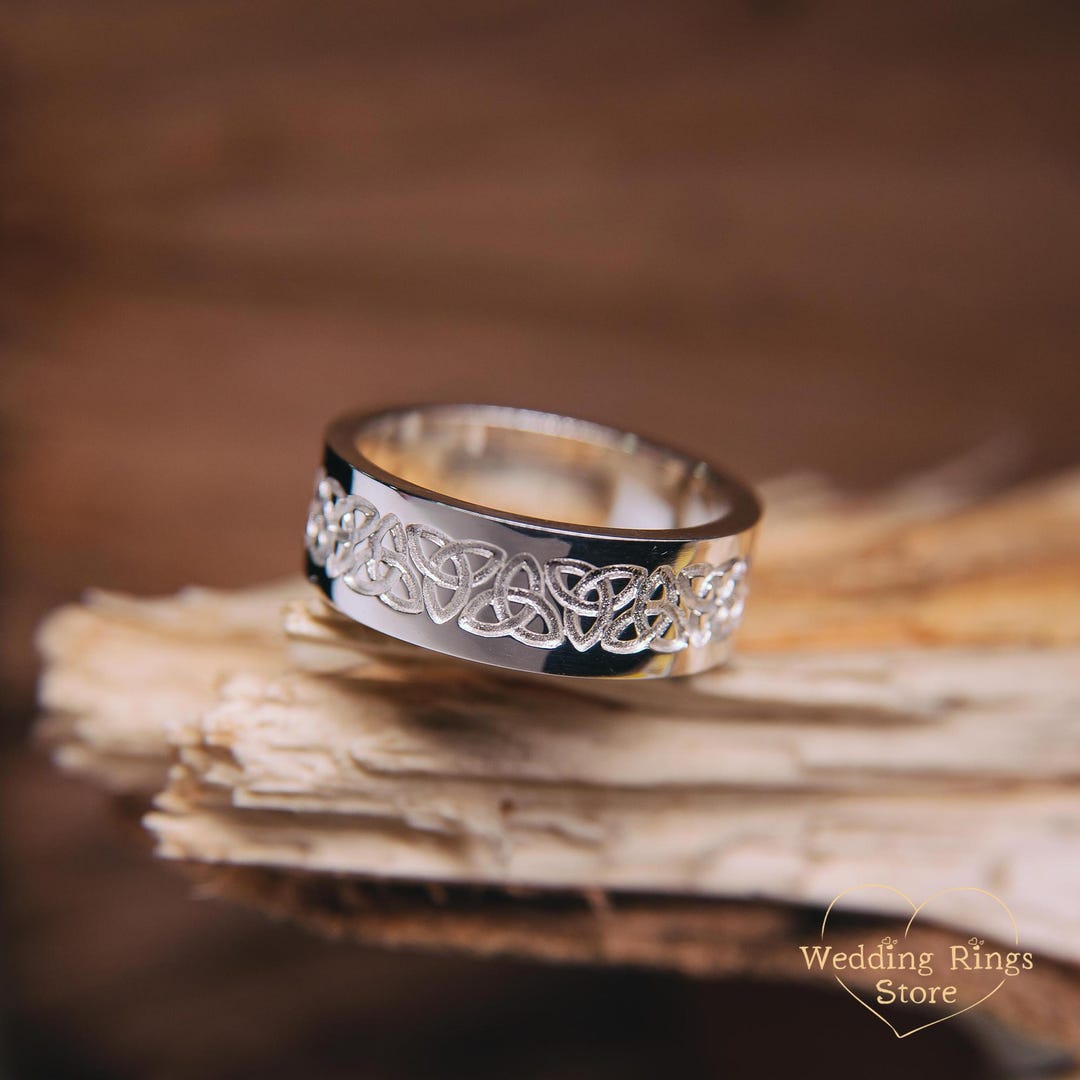 Mens Celtic Wedding Band Silver Engraved Trinity Knot, Wide Irish