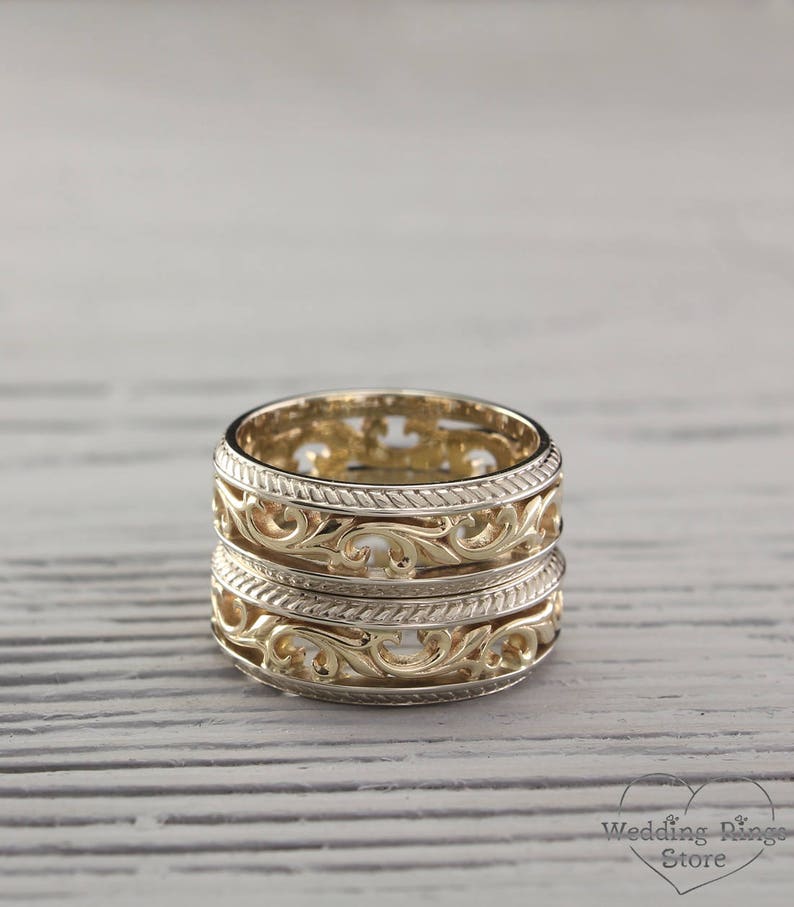 Mixed metals his and her vintage style wedding bands set Etsy