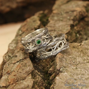 Seine Her Smaragd Trauringe Set inspiriert von der Natur, Ast passende Bänder Silber, Paar Brautringe mit Weinstock und Baumrinde gesetzt Bild 6