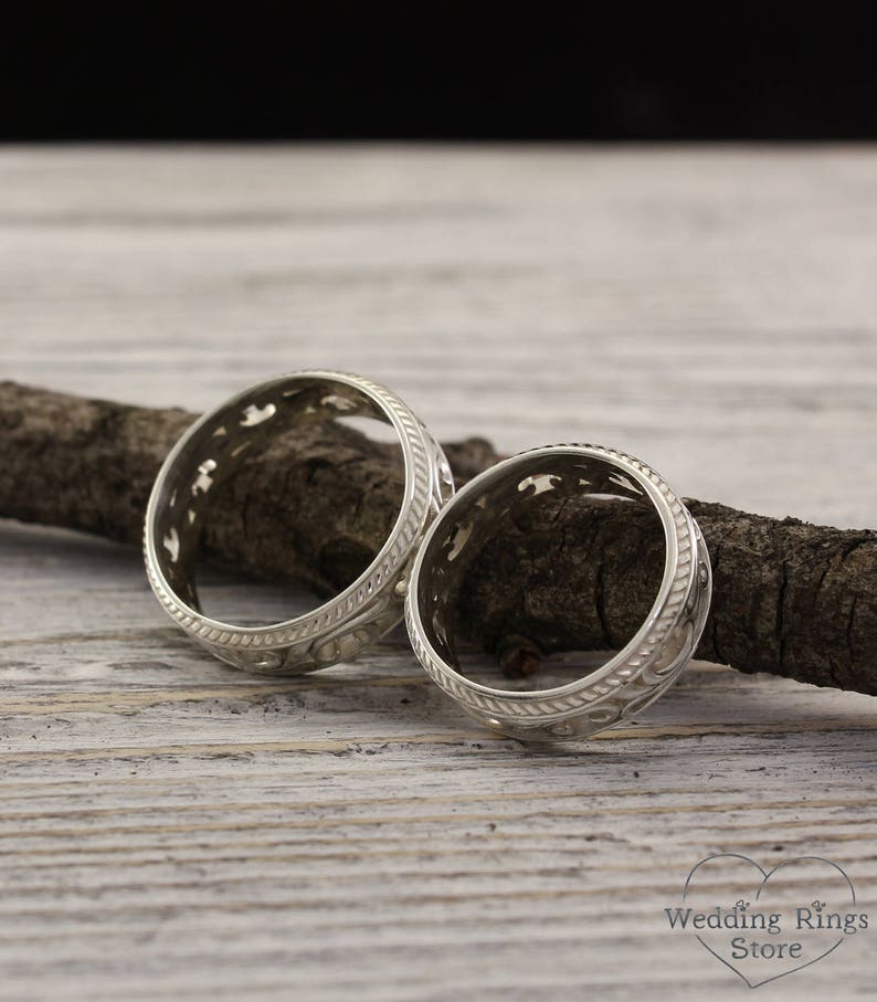 Vintage style silver wedding bands, Nature wedding rings, Couple rings, Leaves wedding band set, Expensive silver rings, Unique set ring image 6