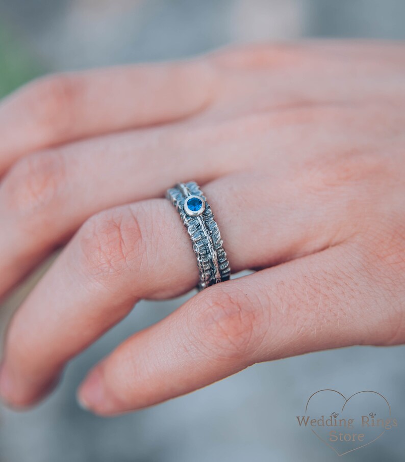 Tree Bark Band With Sapphire Unique Durable Wedding Band Etsy