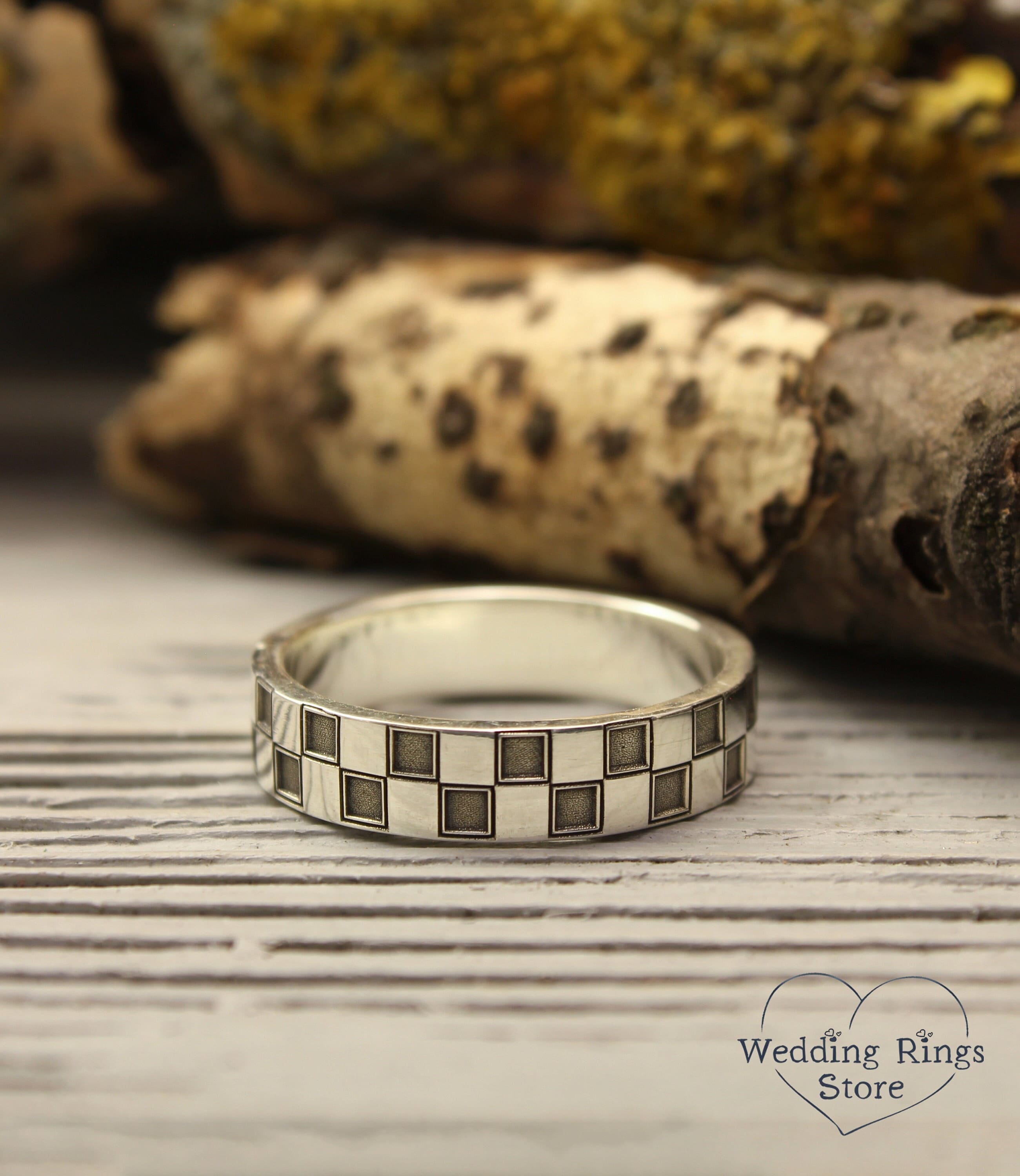 Two Tone Geometric Checkered Ring Band, 925 Sterling Silver Ring in ...