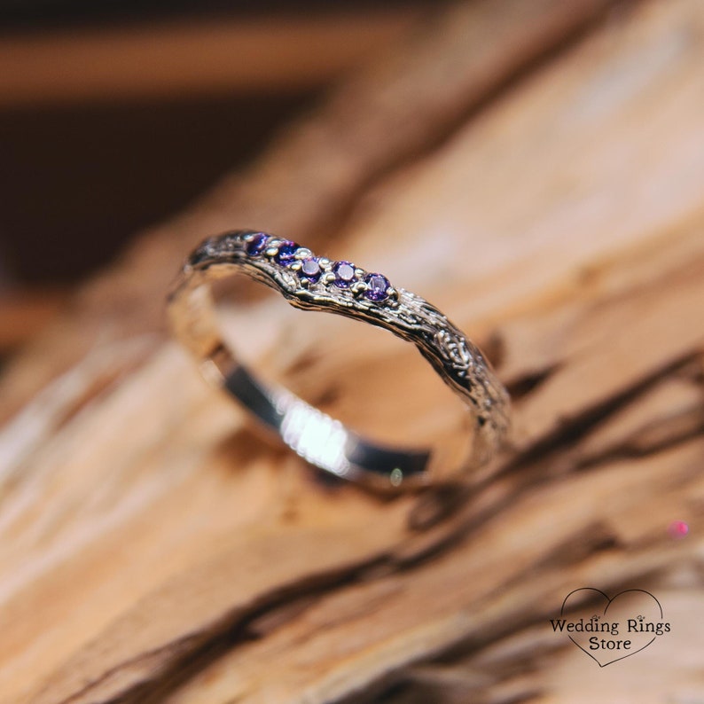 Stackable silver ring with four dainty amethysts for woman.Thin and tiny promise ring with purple gemstones