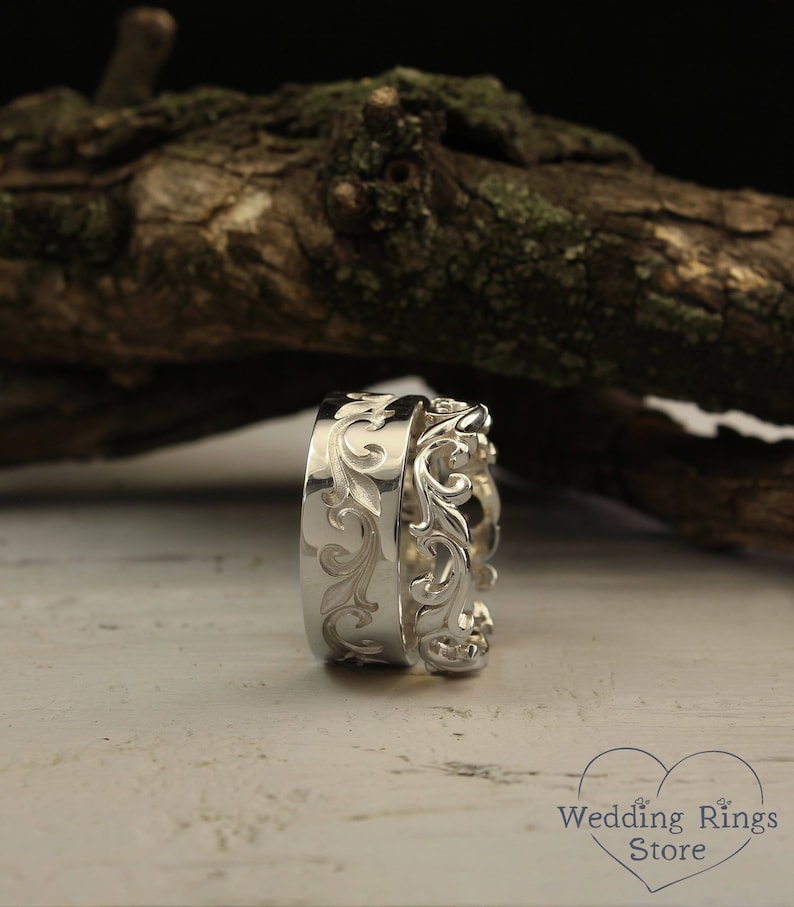 Vine wedding bands set in vintage style, Unique silver wedding rings set, Matching bands, Unusual wedding band set, Sterling silver bands 