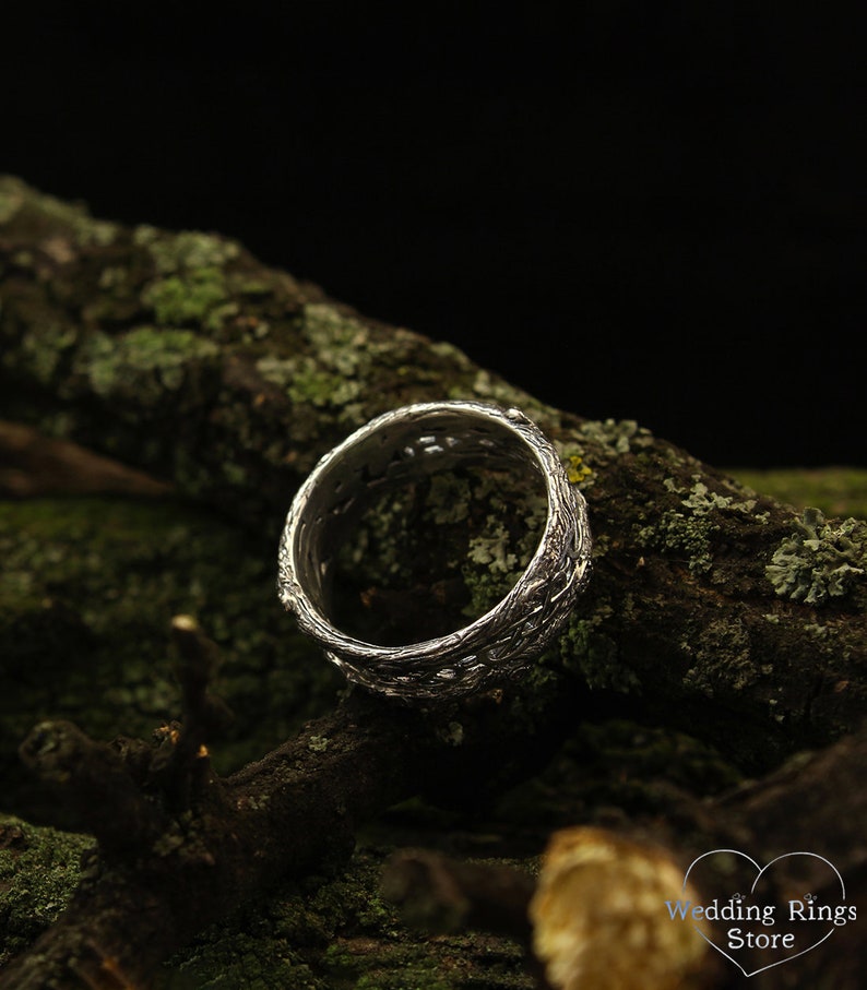 Unique silver tree band with celtic pattern, Tree silver wedding band, Celtic wedding ring with tree bark, Wide silver ring, Unusual band image 9