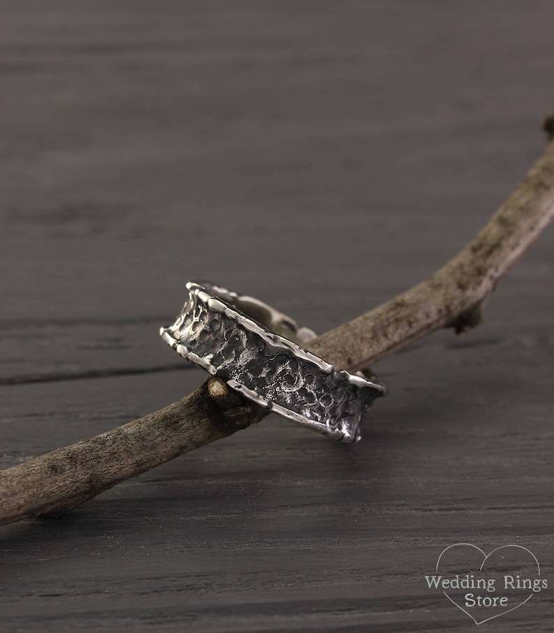 Custom wedding band Unusual womens ring Unique silver band Lava ring Large silver ring Volcanic ring Unique mens band Exclusive ring