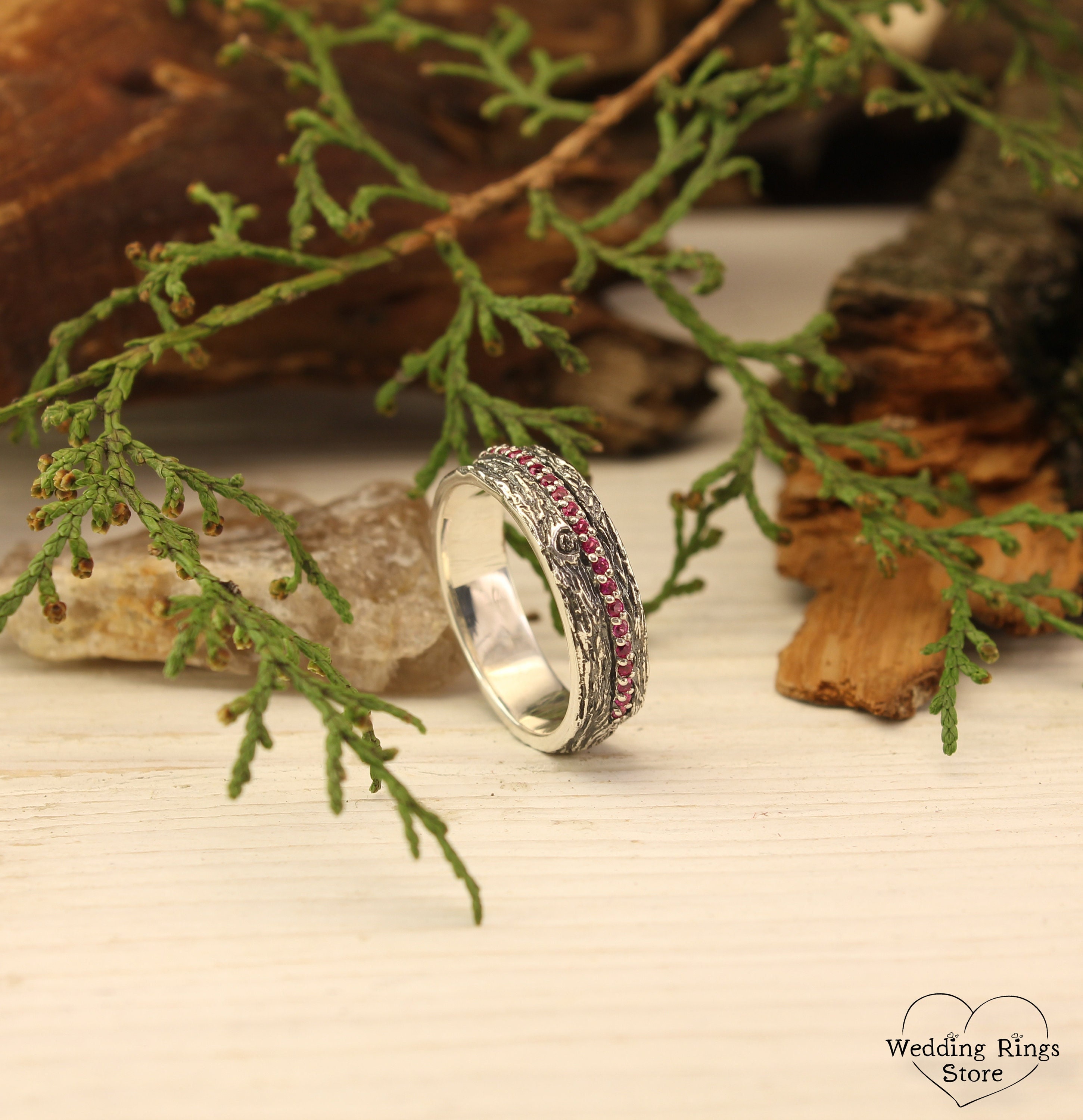 Silver Tree Bark Half Eternity Ruby Ring for Women - Nature Wedding Ring with Multi Red Gemstones (Custom) - Wide Ruby Wedding Band for Her
