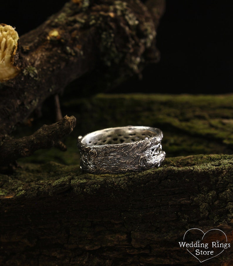 Unique silver tree band with celtic pattern, Tree silver wedding band, Celtic wedding ring with tree bark, Wide silver ring, Unusual band image 6