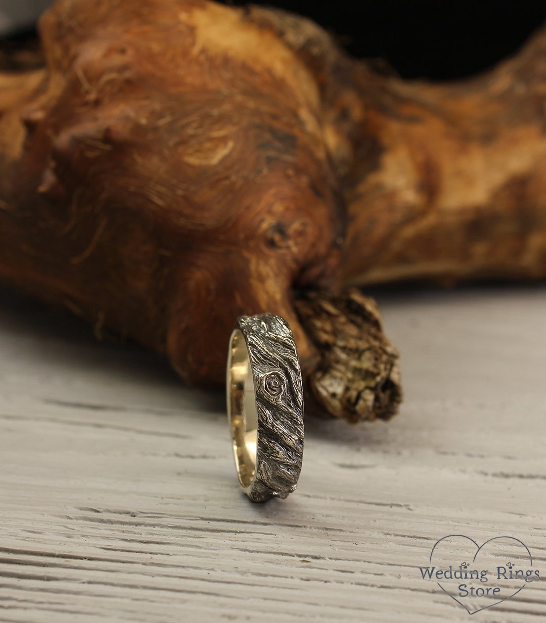 Unique Man Tree Bark Wedding Band, 14k Solid White Gold Tree Ring ...