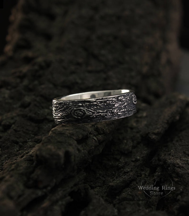 Tree bark wedding band, Rustic wedding ring, Family tree wedding ring, Nature silver ring, Large wedding band, Men's band, Women ring image 1