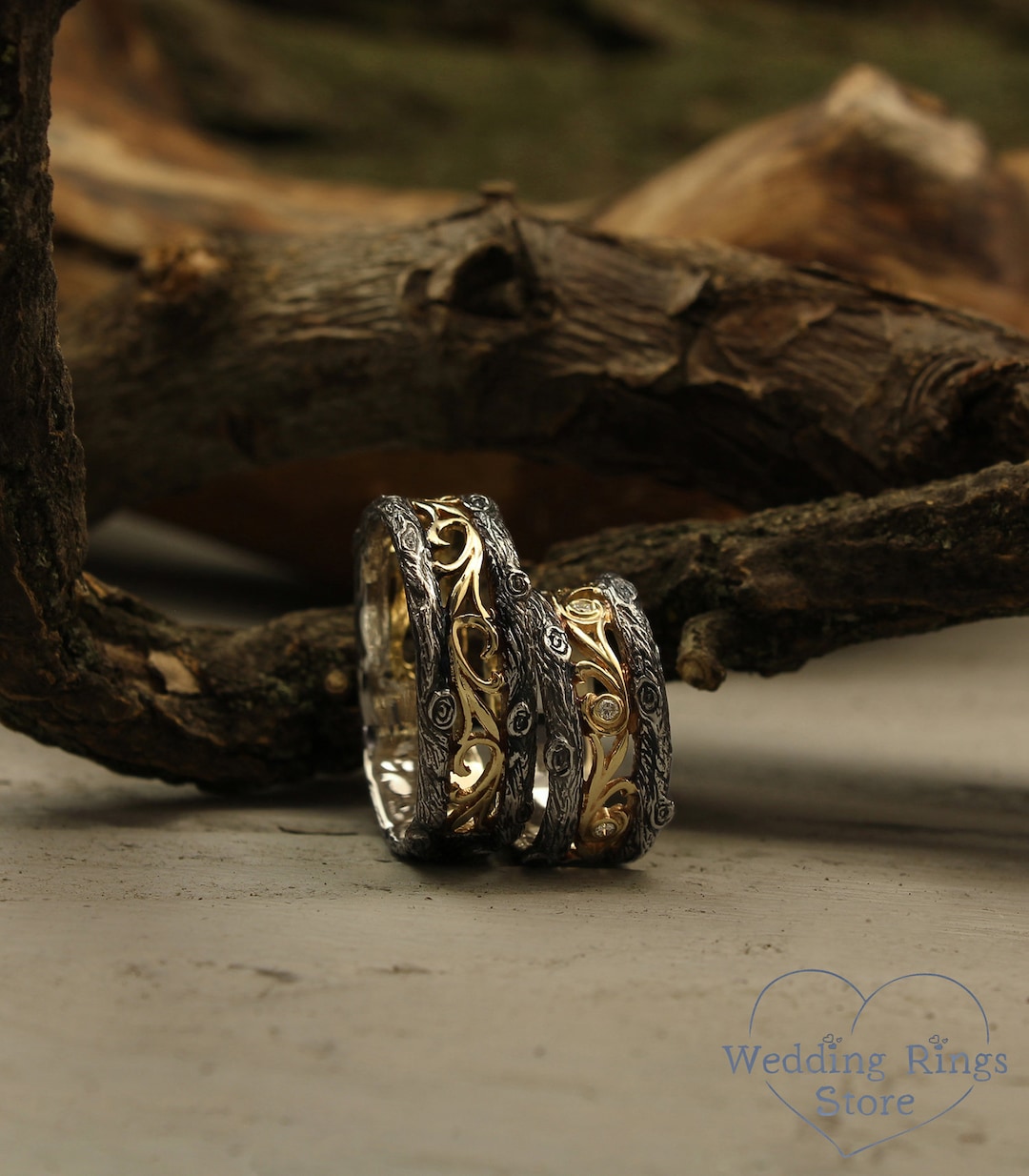Diamond and Vine His and Her Tree Wedding Bands Set, Tree Rings Set