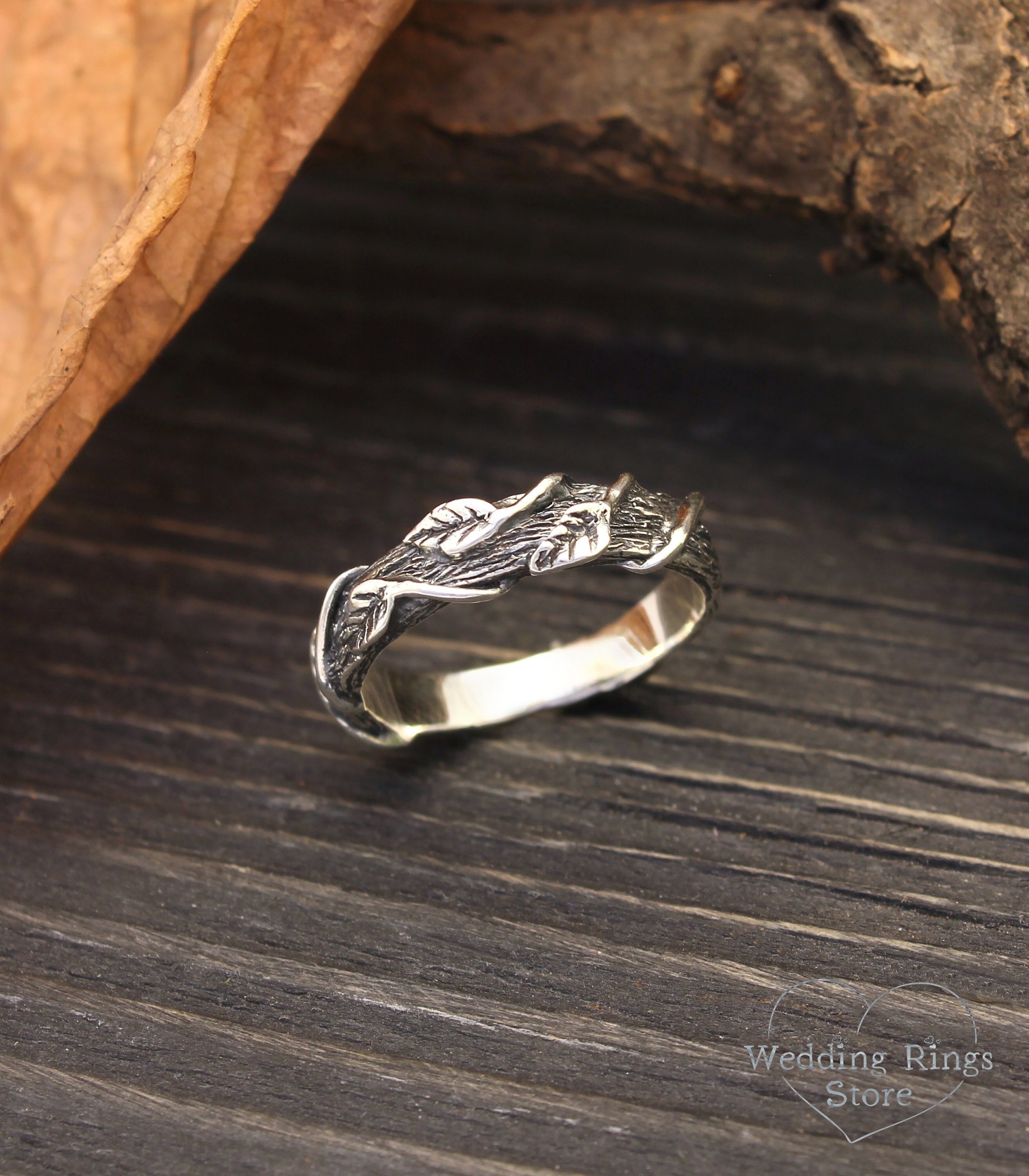 Braided Leaves Around Tree Branch Ring, Silver Tree Bark Ring