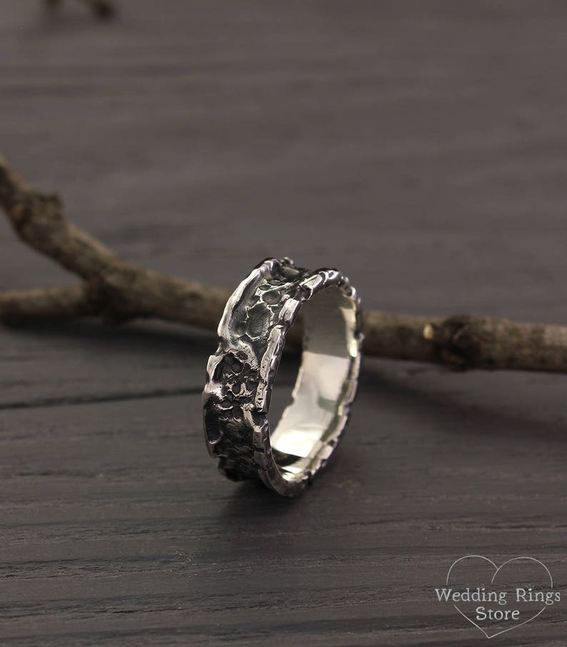 Custom wedding band Unusual womens ring Unique silver band Lava ring Large silver ring Volcanic ring Unique mens band Exclusive ring