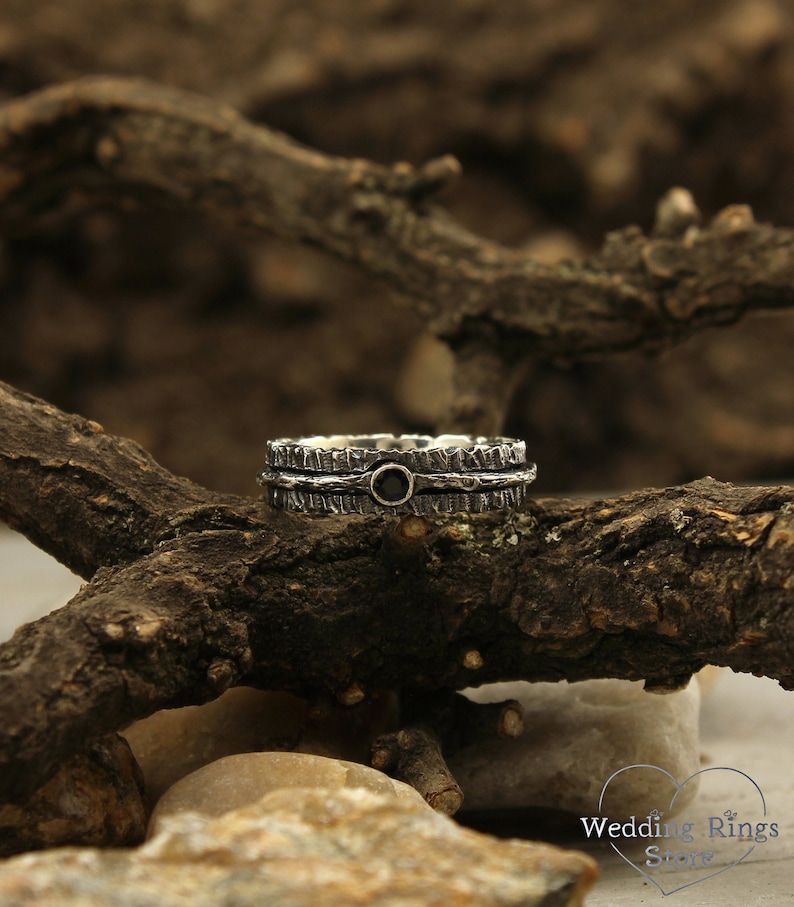 Tree Bark Band With Sapphire Unique Durable Wedding Band Etsy
