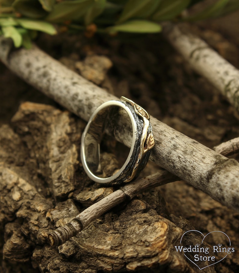 Leaves on the Tree Wedding Band in Mixed Metals Woodbark Ring Etsy