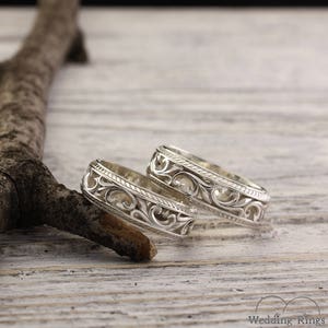 Vintage style silver wedding bands, Nature wedding rings, Couple rings, Leaves wedding band set, Expensive silver rings, Unique set ring image 4