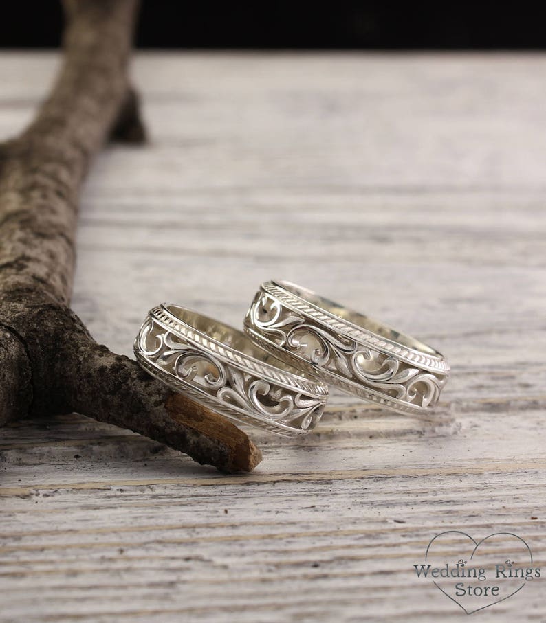 Vintage style silver wedding bands, Nature wedding rings, Couple rings, Leaves wedding band set, Expensive silver rings, Unique set ring image 4