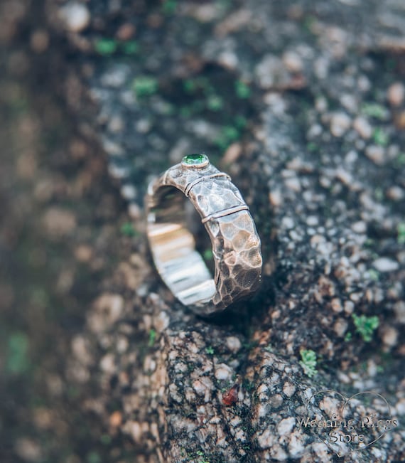 Unique Men's Rocky Wedding Band With Emerald, Hammered Men's