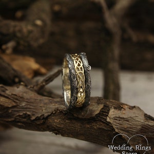 Tree mixed metals wedding band with celtic pattern, Celtic wedding band, Tree silver and gold ring, Celtic and tree bark band, Unique ring image 2