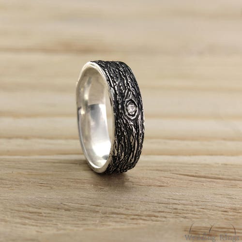 Diamond Tree Ring Mens Tree Bark Silver Wedding Band Rustic Etsy