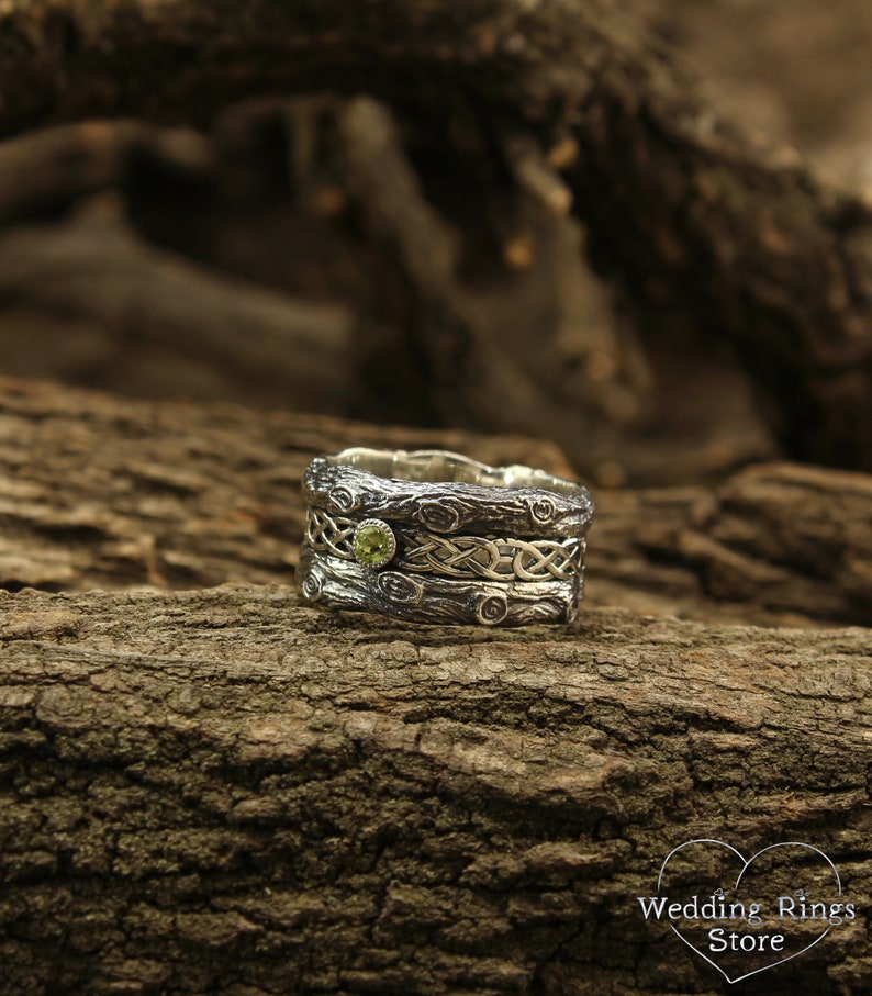 Celtic patterned band with Peridot, Celtic wedding band, Tree bark wedding band, Unusual celtic gift, Branch wedding ring, 10mm silver ring image 9