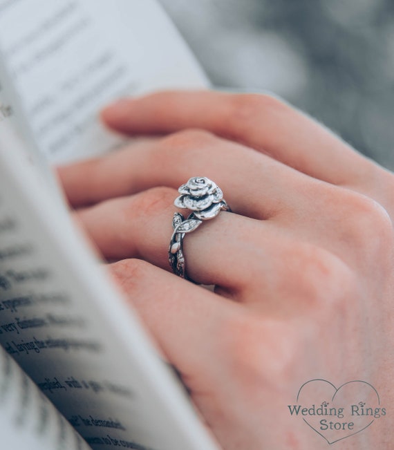 Delicate Silver Rose Ring Elegant Birth Flower Ring Unique Nature  Engagement Ring Dainty Floral Ring Posh Alternative Wedding Ring - Etsy