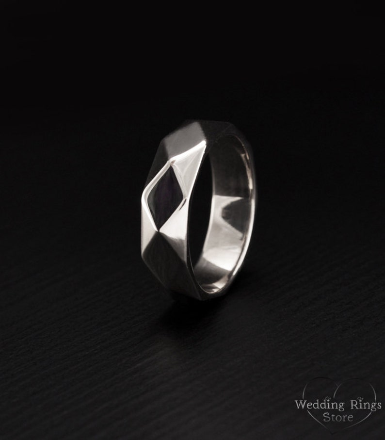 Faceted wedding band Faceted ring Big silver ring Unique wedding ring Men women band sterling silver Silver faceted wedding ring