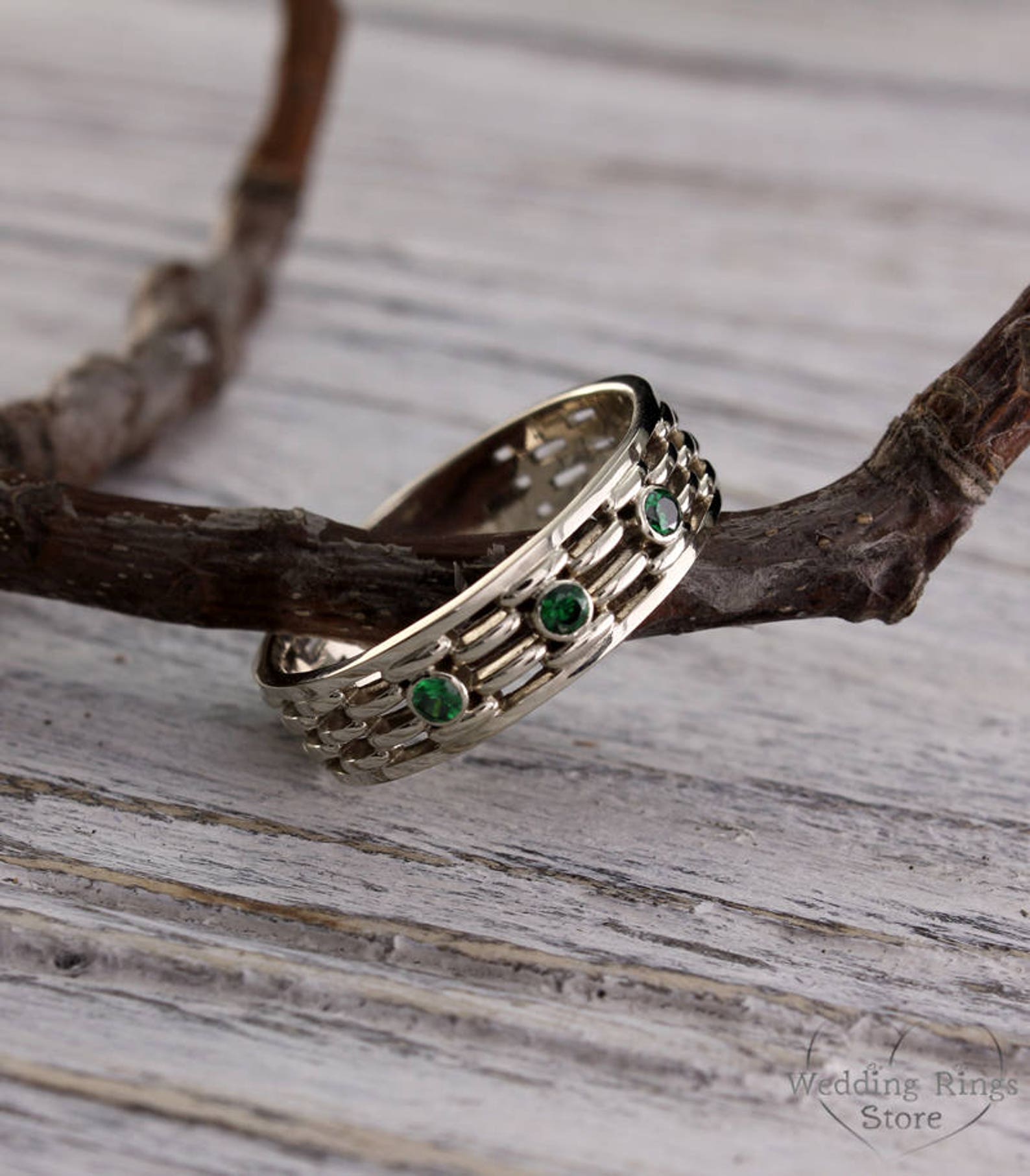 Men's white gold emerald wedding band Emerald wedding Etsy