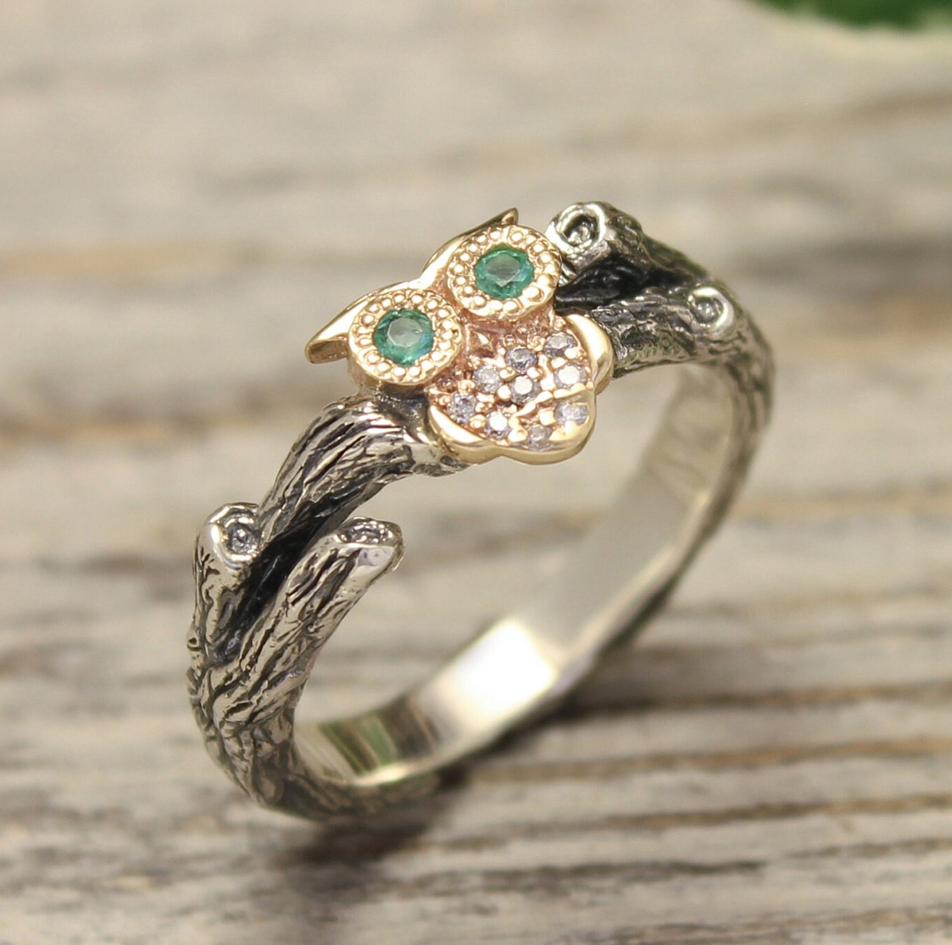 Gold Owl on Silver Branch Engagement Ring with Emeralds & Cubic Zirconia, Bird on Twig Ring, For
