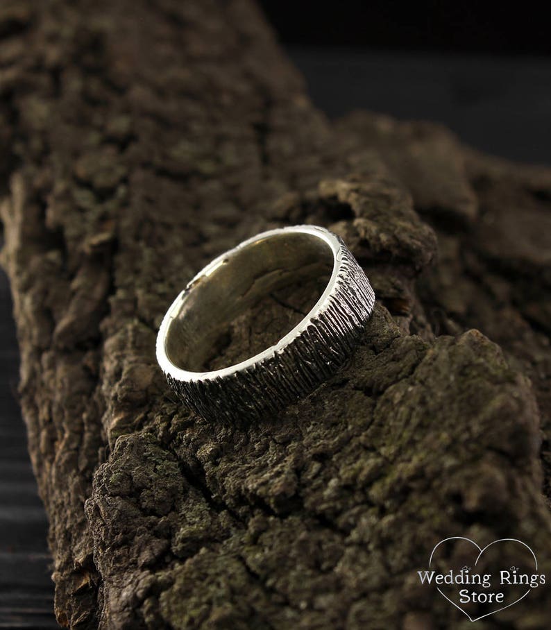 Rustic style wedding band, Tree bark ring, Silver tree wedding ring, Nature silver ring, Silver band, Men's wedding band, Women wedding ring image 8